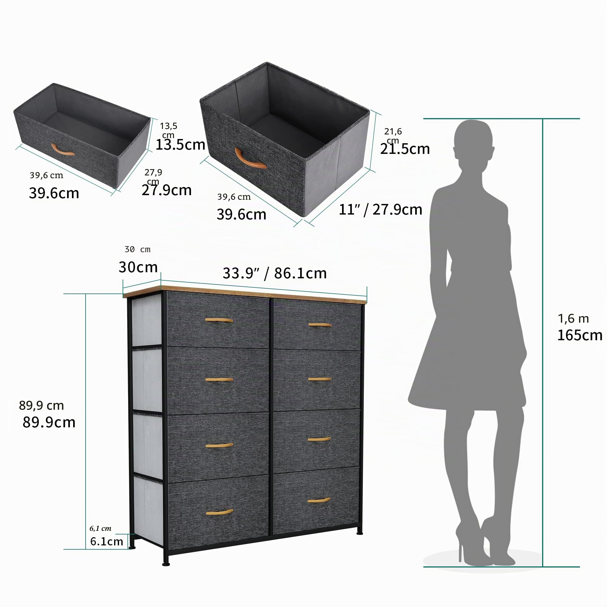 YITAHOME Cassettiera in tessuto, armadietto con 8 cassetti, Cassettiera per Corridoio in Tessuto, con vano contenitore in tessuto per soggiorno, camera da letto, cameretta dei bambini, grigio profondo