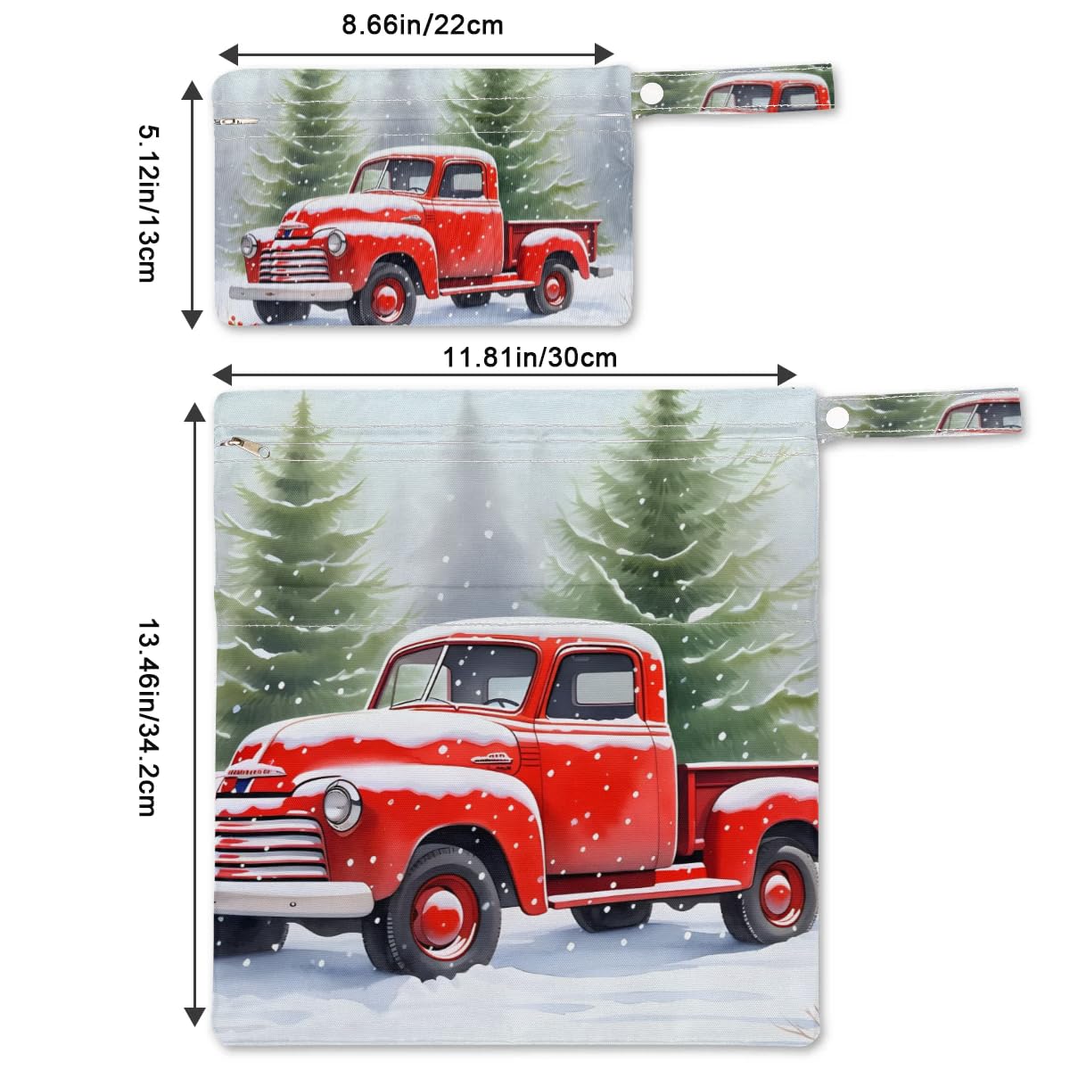 2pcs Cloth Diaper Wet Dry Bag with Two Zipper Pocket Waterproof Storage Bag Travel Laundry Bags, Beach, Pool, Breast Pump Parts, Gym Bag for Swimsuits & Wet Clothes for Baby (Christmas Truck Red)