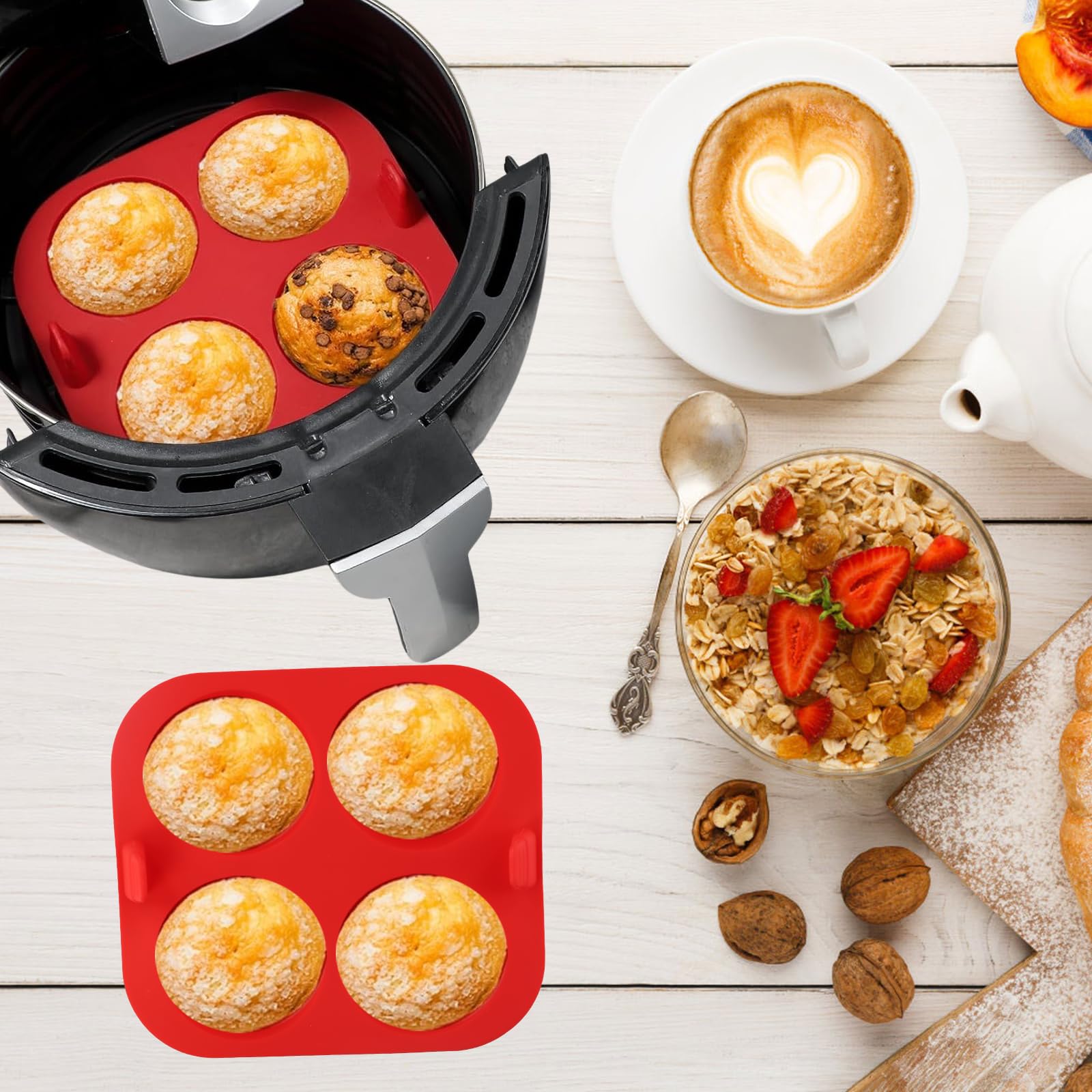 Lot 3 Moules à Muffins Silicone 4 Cavités - Antiadhésif Réutilisable Pour Friteuse à Air, Rouge