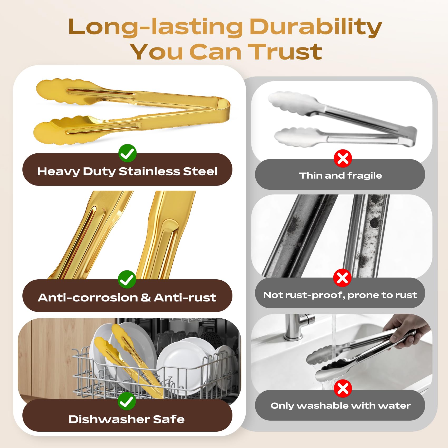 Gold Serving Tongs - 6 Pack Stainless Steel -4
