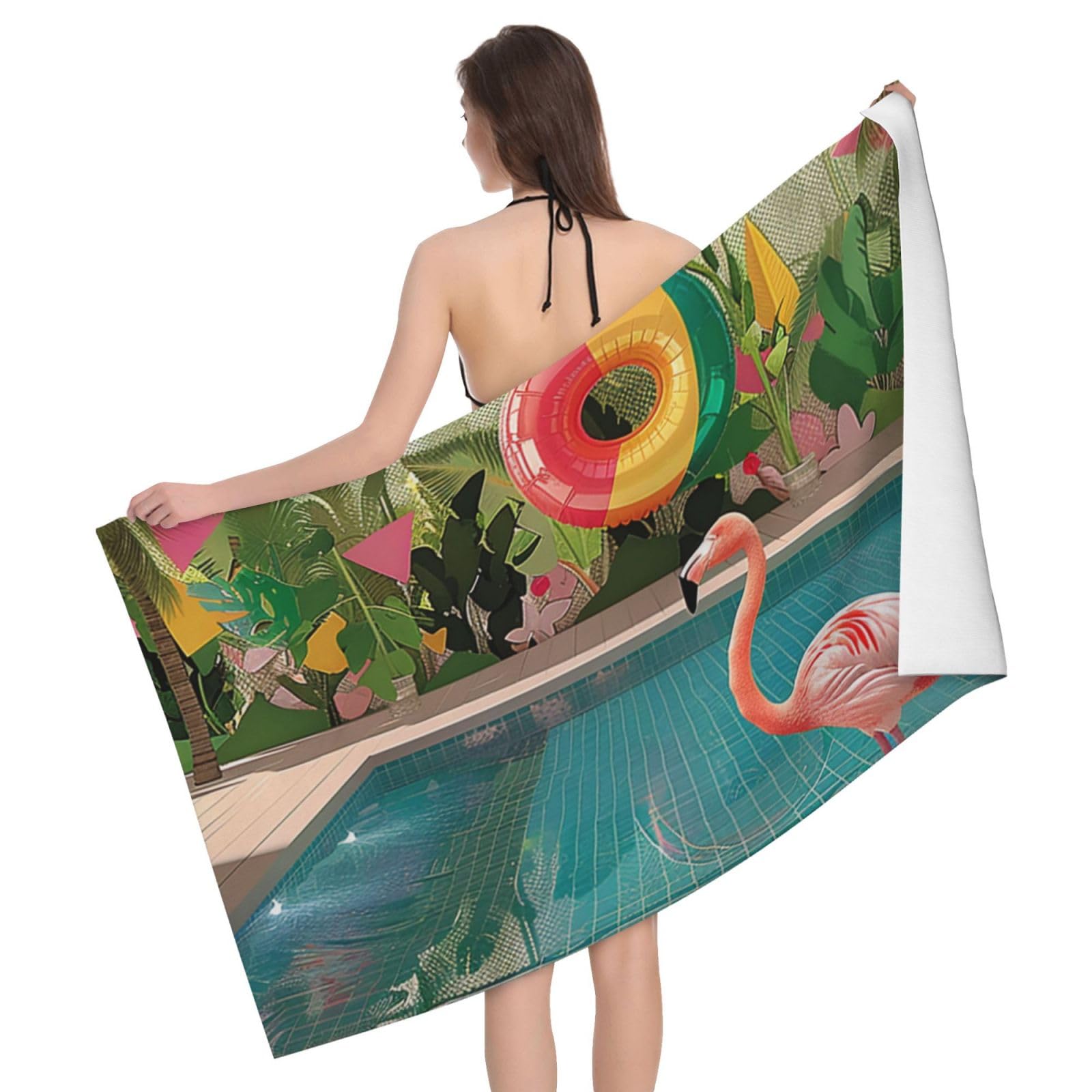 BWWHCCTI Flamingo and swimming pool Printed Microfiber Quick Dry Bath Towel, Soft Beach Towels for Travel,Camping,Gym,Beach,Swimming,Yoga, 130x80 CM