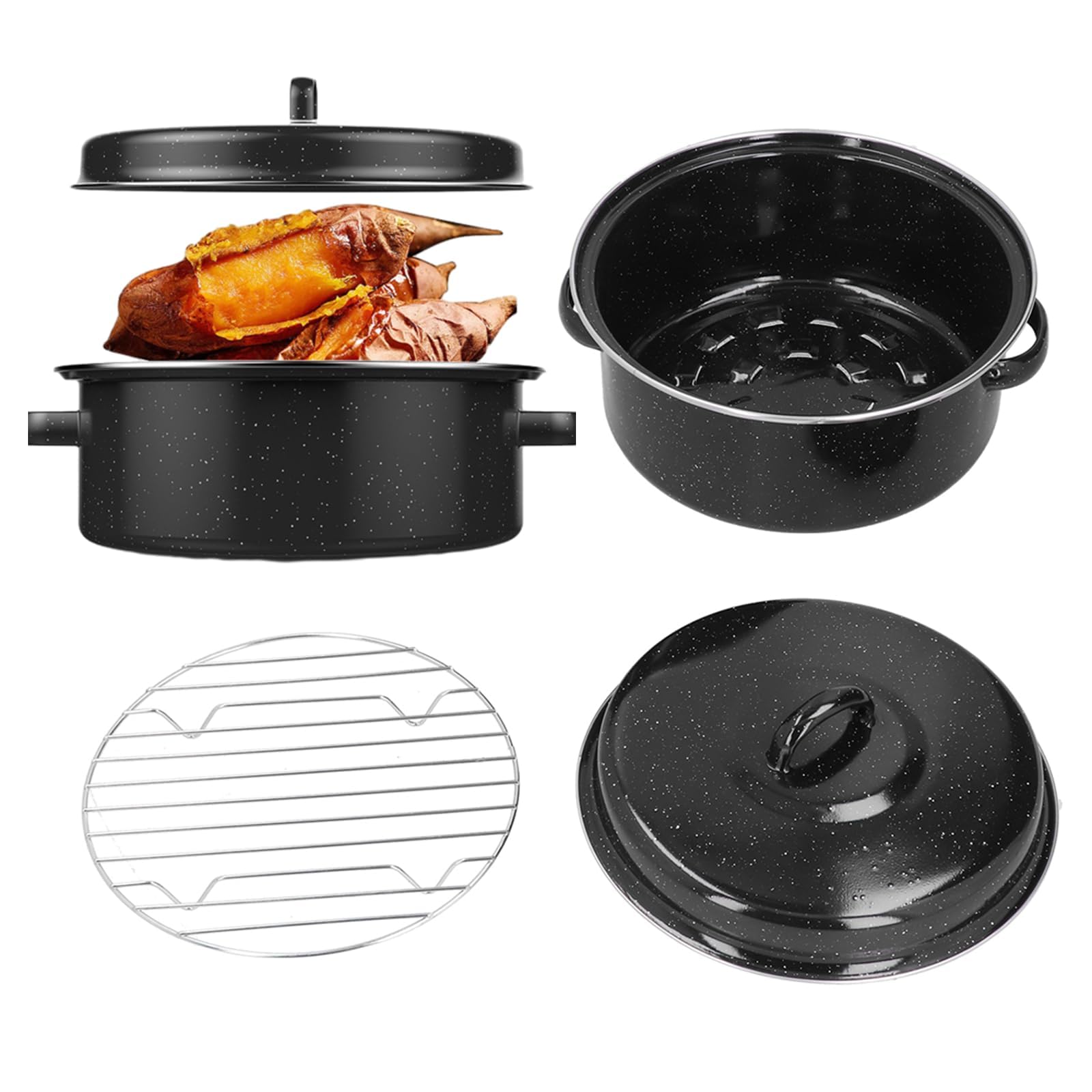 Topyond Roasting Pan with Lid, Round Chestnut Pan with BBQ Rack Roaster Pan, Large Capacity Roasting Pan for Turkey, Meat, Vegetables, Sweet Potatoes, Chestnuts Black(24cm)
