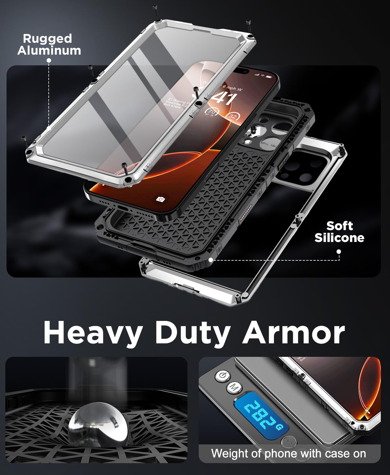 Beeasy Cover per iPhone 16 Pro Max IP68 Impermeabile Custodia Militare Antiurto Resistente 360° Metallo Armor Protezione Schermo Integrata Rugged Robusta Indistruttibile Subacquea Antipolvere Argento