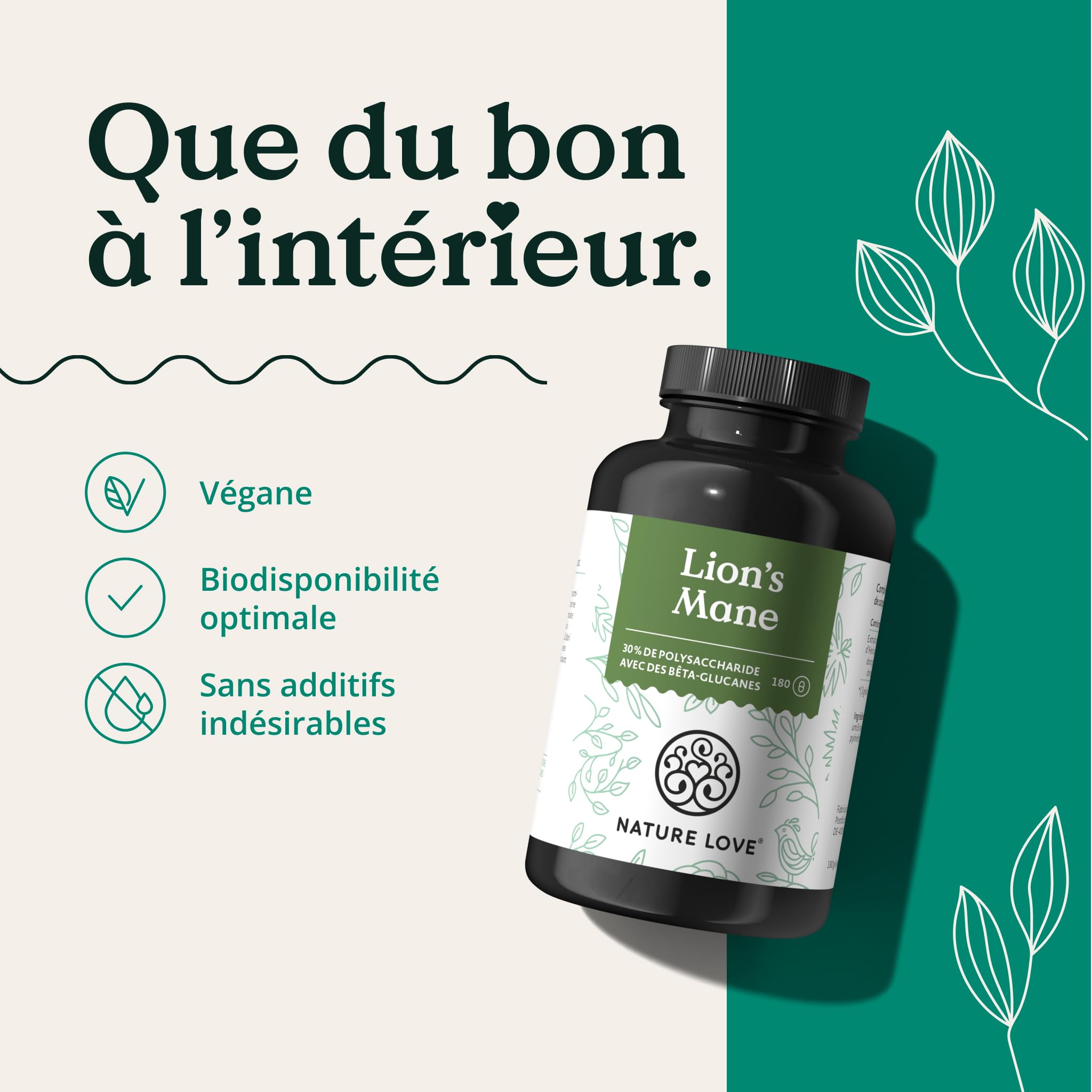 NATURE LOVE® Lions Mane - 180 gélules - hautement dosé, avec extrait 30:1 de 1500mg par dose journalière - 30% polysaccharides, 5% bêta-glucanes - Lion’s Mane - végane, testé en laboratoire