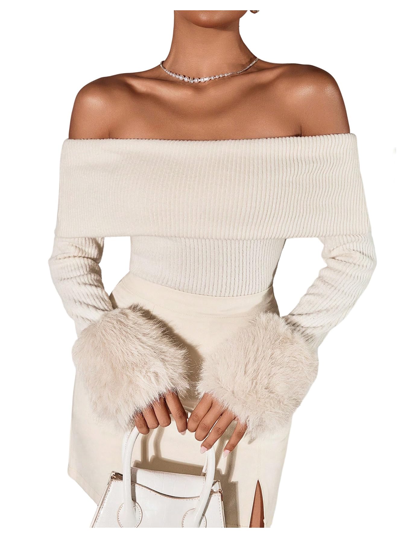 Milumia Womens Faux Fur Off The Shoulder Sweater Foldover Long Sleeve Crop Tops Knitwear Patry Club Outfits