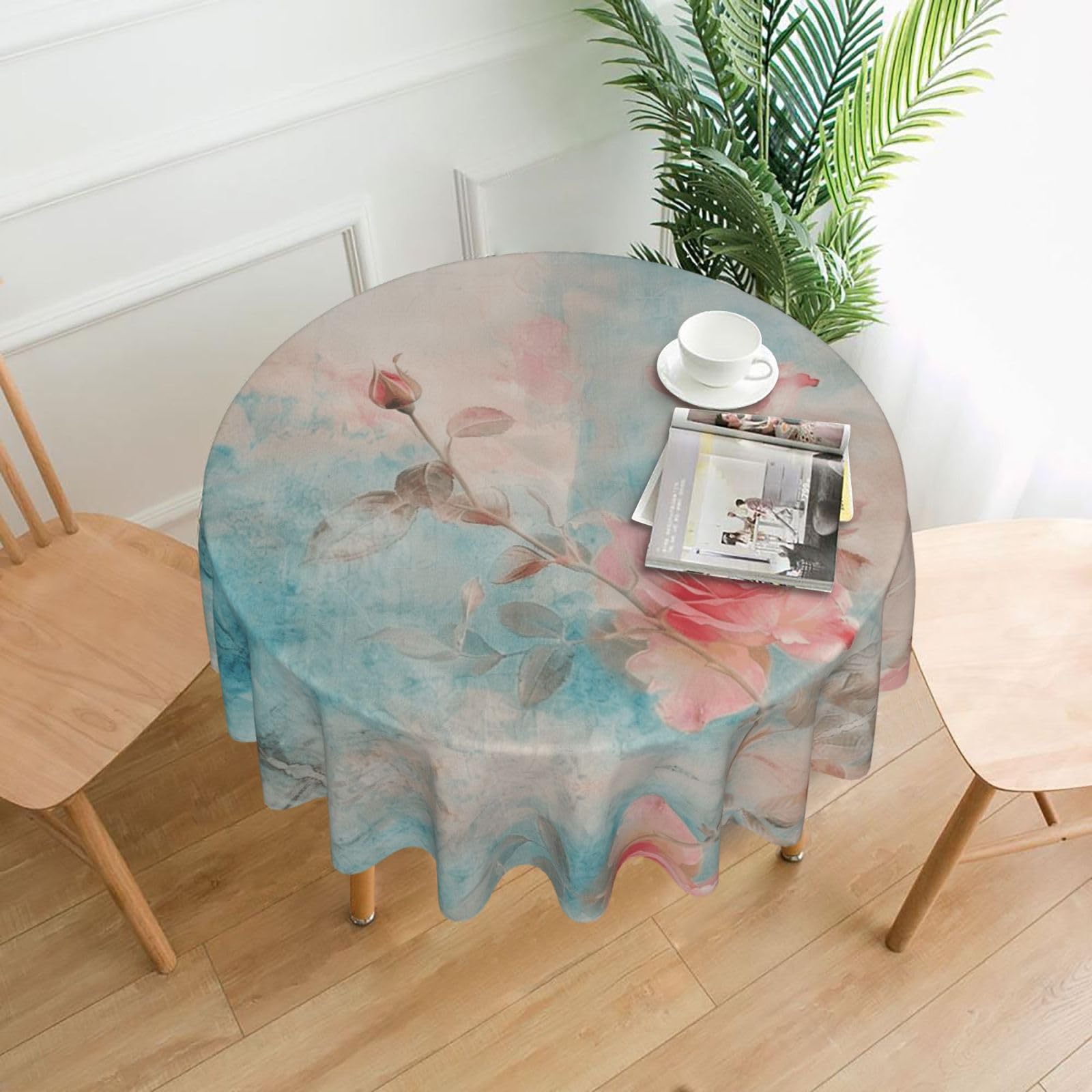 QMKFWT Retro Shabby Chic Printed Round Tablecloth,Dust-Proof Wrinkle Resistant Table Cover Washable Polyester Table Cloth for Kitchen Dining Room Farmhouse Picnic Indoor Outdoor(Round 60 Inch)