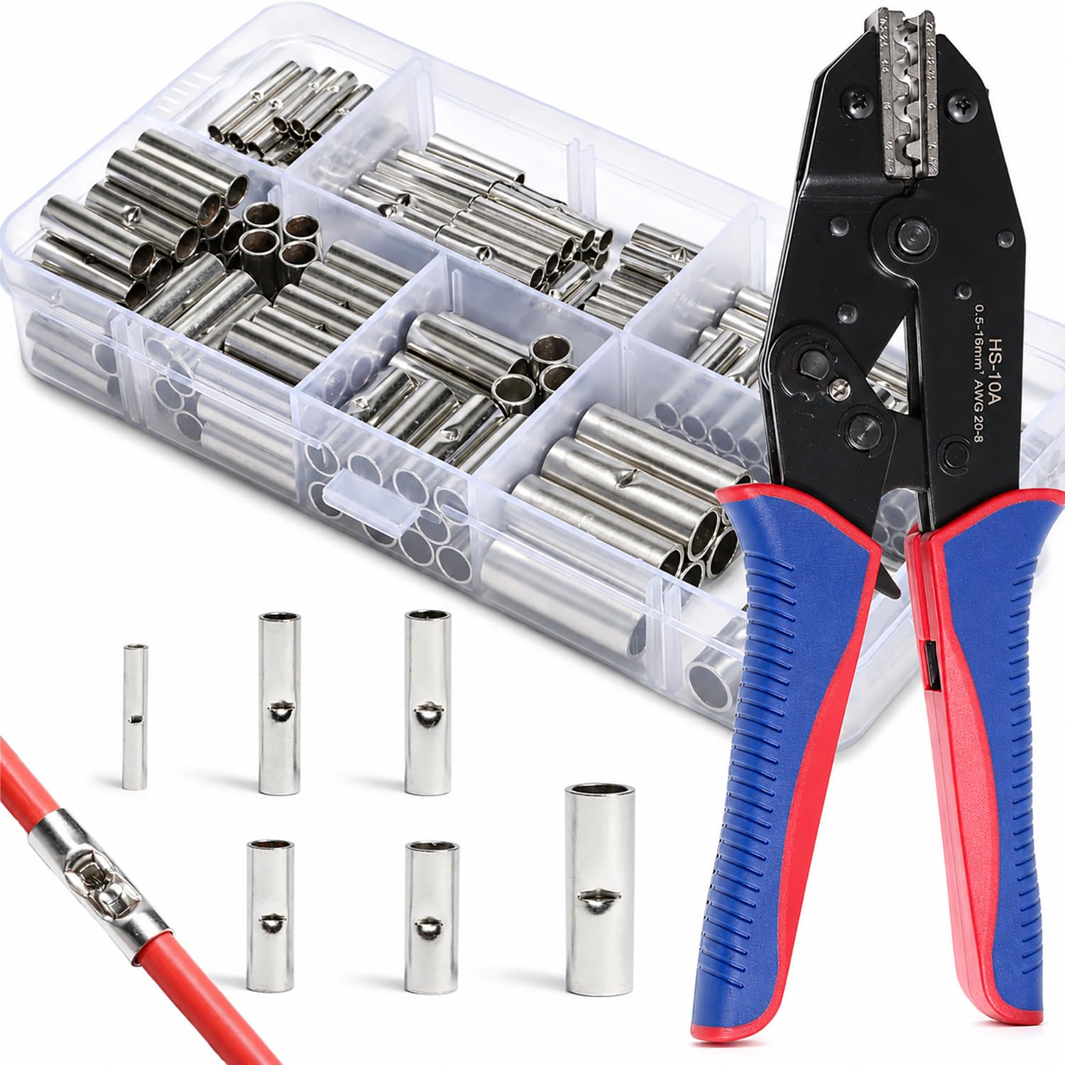 240 Stück Stoßverbinder Unisoliert Crimpzange Set Butt Connectors | Quetschverbinder Kabelverbinder 0,3-10mm² AWG24-22/22-18/18-14/14-12/12-10/8 Fahrzeuge Auto KFZ Boot Werkstatt Elektrik
