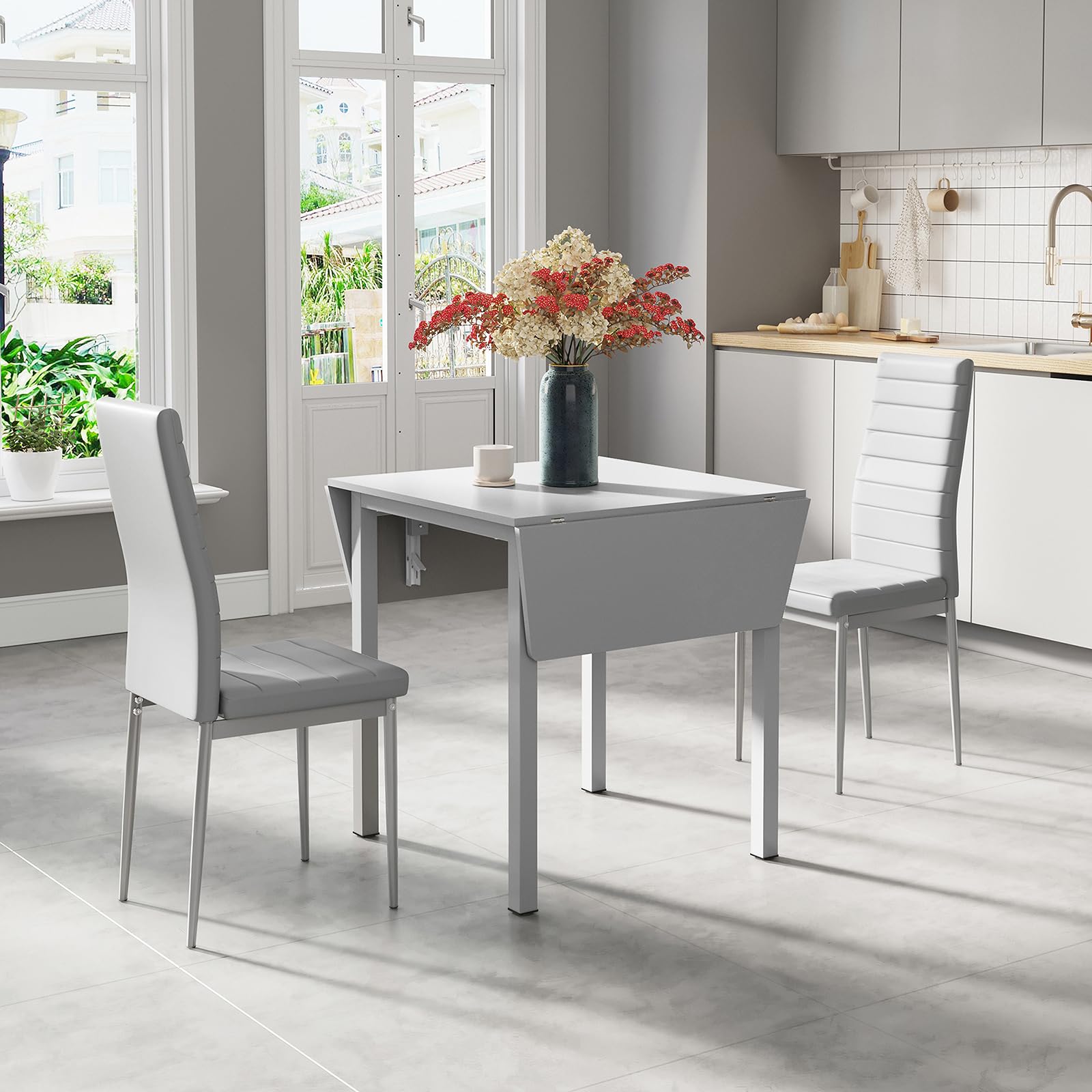 JEFFORDOUTLET Dining Table and Chairs Set of 2, Drop Leaf Folding Kitchen Table With Grey PU Leather High Back Chairs for Dining Room,Kitchen