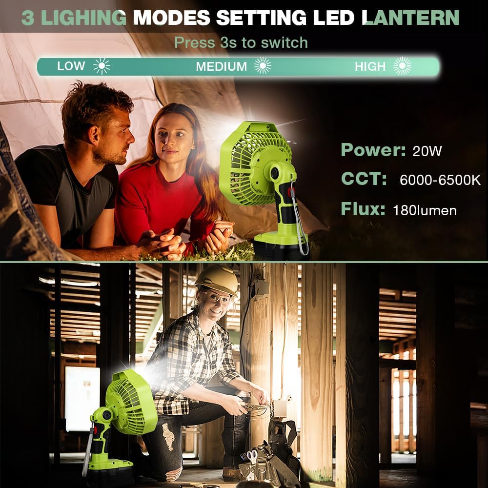 WaxPar Battery Operated 18V Fan Compatible with Ryobi 18V Li-ion Ni-CD Ni-MH Battery, Portable Cordless Fan with 180LM LED Lantern, Remote, Timer 1800CFM 3-Speed Outdoor Floor Fan