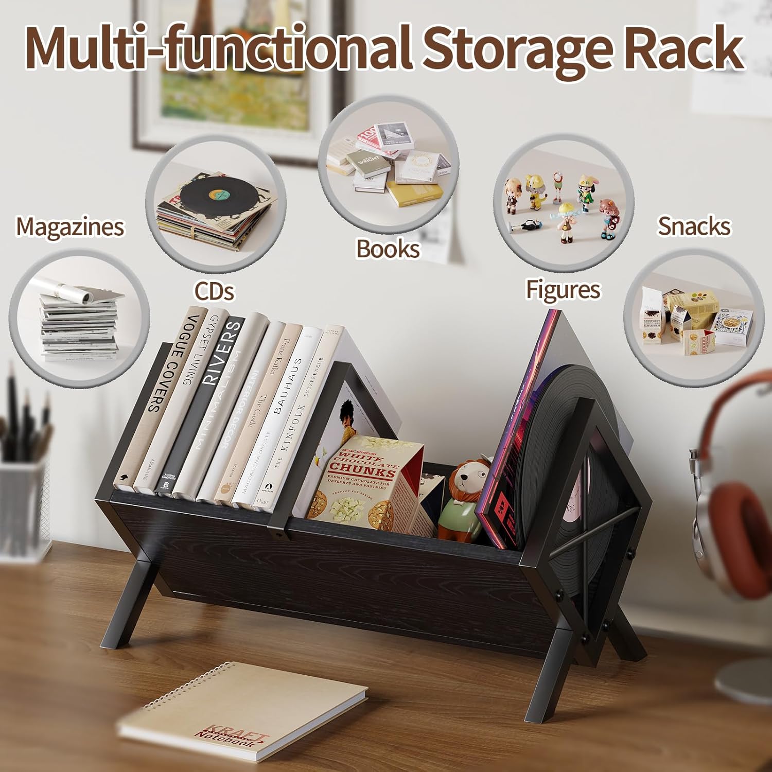 Vinyl Record Holder - 80-100 LP Vinyl Record Storage Rack, Quick Assembly Display, Retro Style Organizer for Magazine, Book, Files, Albums (Black)