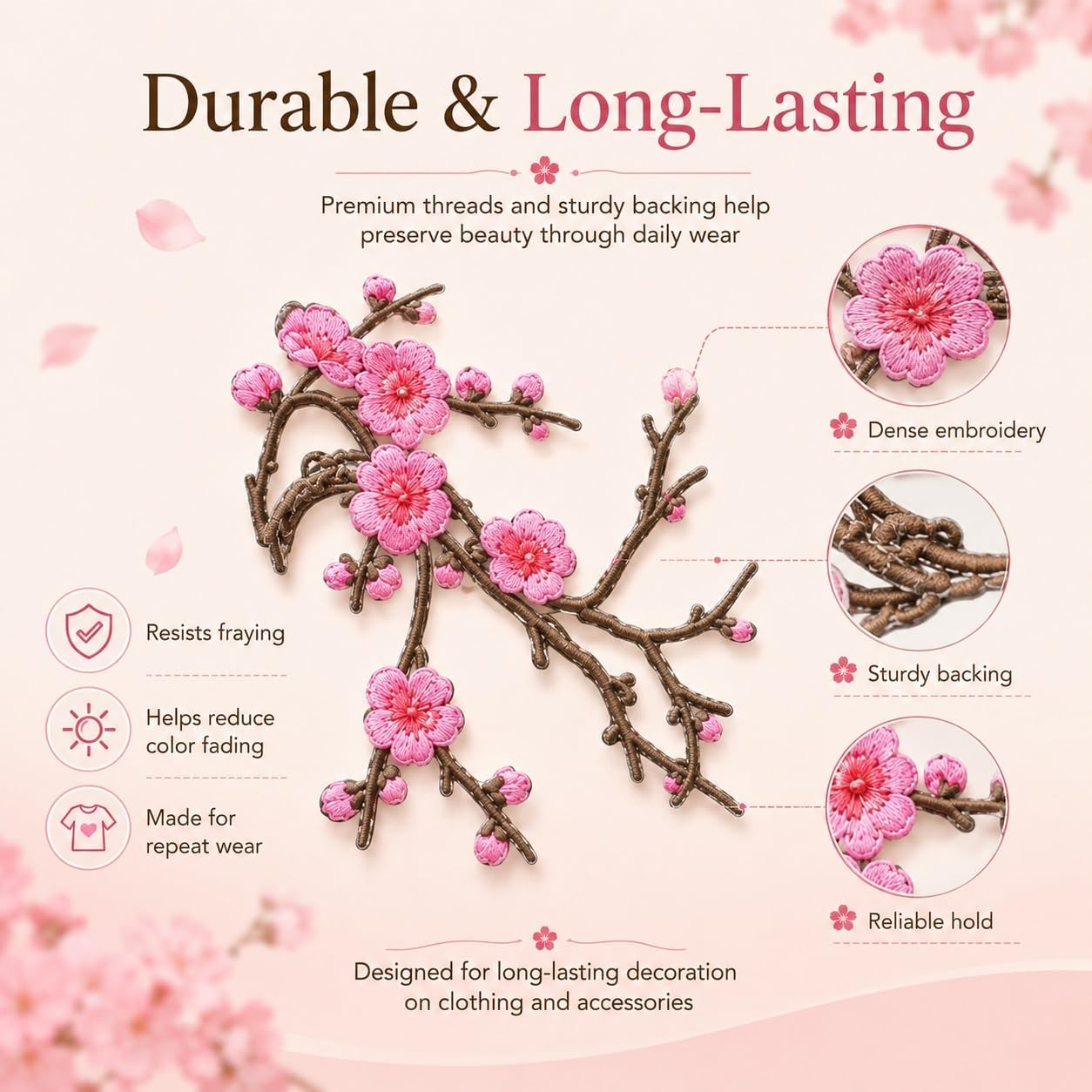 Cherry Blossom Iron On Patches, 5PCS Embroidered Flower Appliques