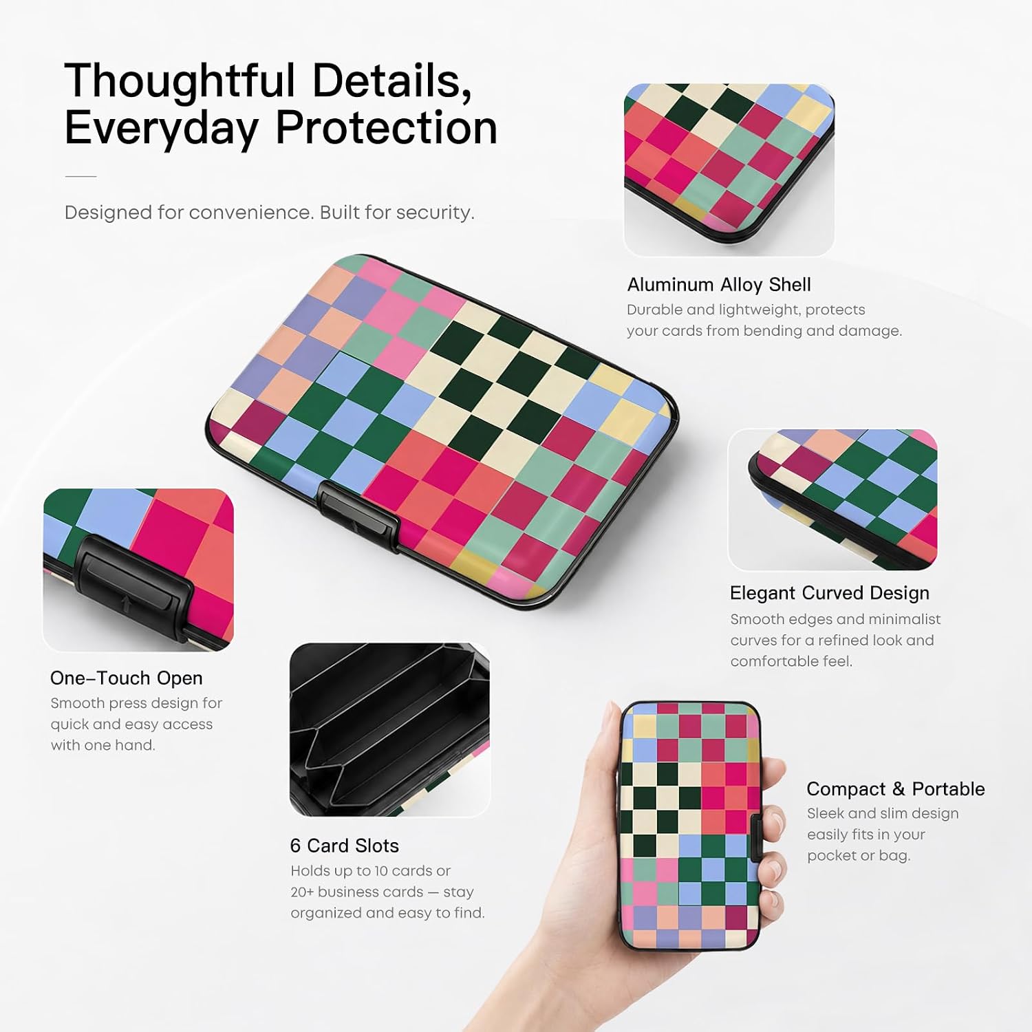 Credit Card Holder Multicolor Checker Mini Aluminum Wallet | Women Men, Slim Design, RFID Blocking, Metal Business ID Case