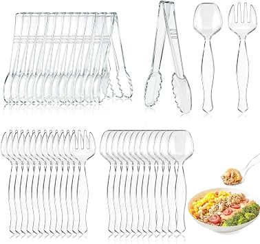 Mwellewm 36Pcs Serving Utensils Large Plastic Serving Utensils Set Serving Spoons for Buffet Clear Disposable Plastic Tongs 8.5 Heavy Duty Slotted Spoons/Forks Supplies for Party Food Salad Soup