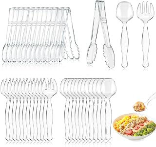 Mwellewm 36Pcs Serving Utensils Large Plastic Serving Utensils Set Serving Spoons for Buffet Clear Disposable Plastic Tongs 8.5'' Heavy Duty Slotted Spoons/Forks Supplies for Party Food Salad Soup