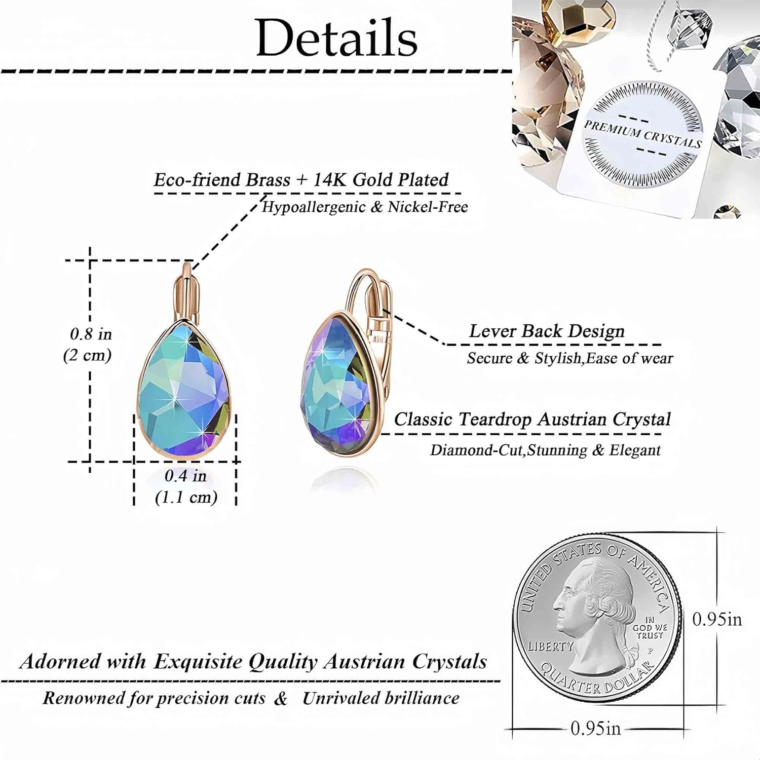 Teardrop Austrian Crystal Leverback Drop Earrings for Women 14K Rose Gold Plated Hypoallergenic Jewelry - Image 4