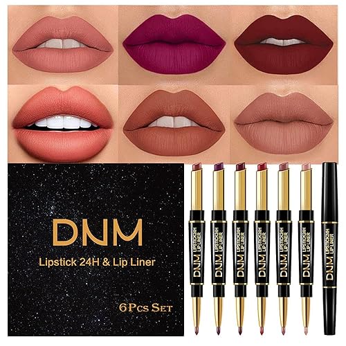evpct Juego de 6 delineadores de labios y lápiz labial, DNM Chestnut Nude Dark Red Mate Matt Mat 24 horas lápiz labial y kit de labios con lápiz