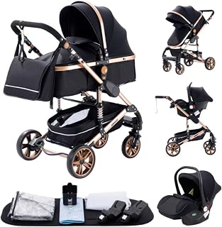 GLOKID Carrito bebé 3 en 1, Carro, Carrito bebé 3 Piezas, Silla Paseo, Sistema de viaje, Plegable, neumáticos de caucho, Con accesorios, Góndola, Adaptateurs, 25 kg (739 Oro nero)…