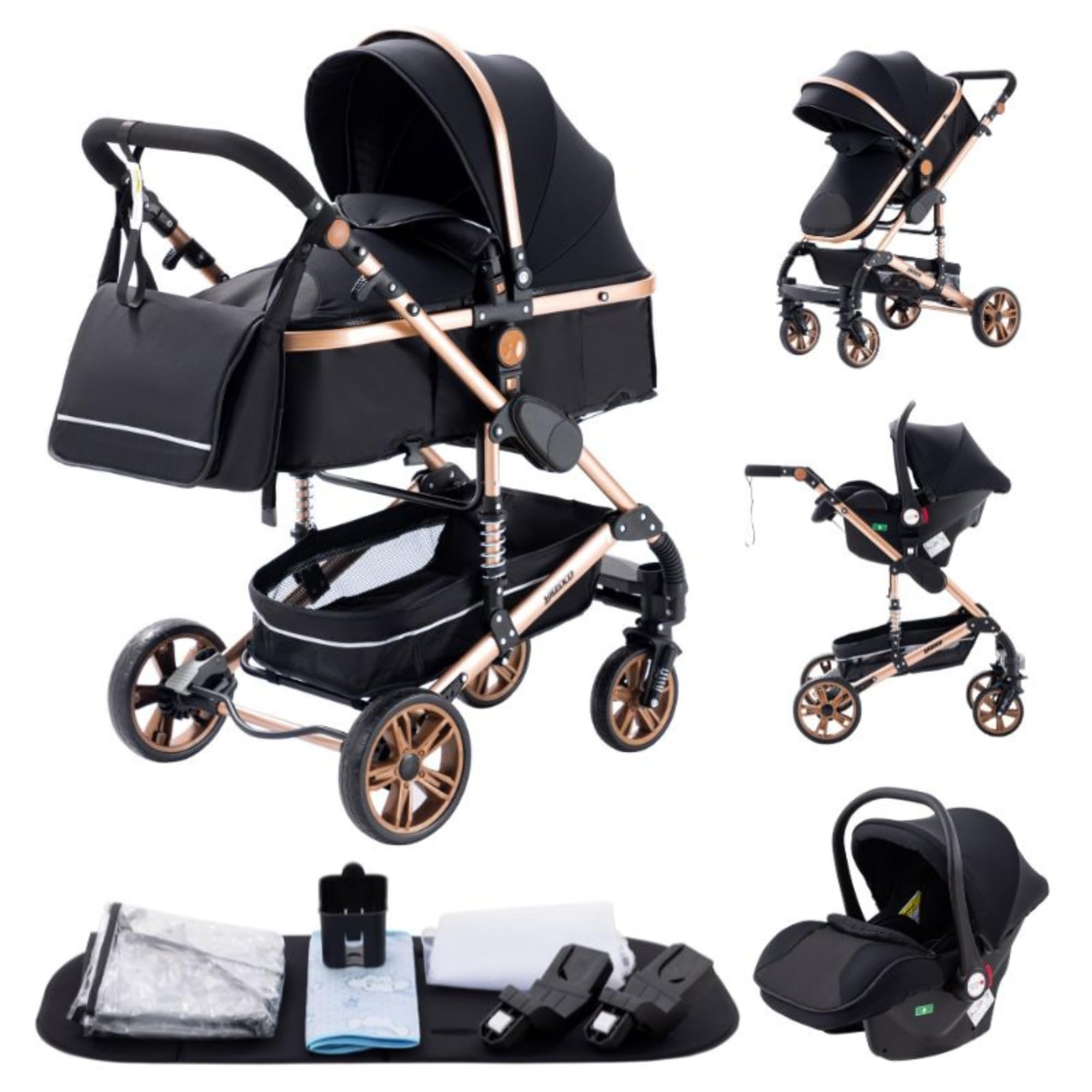YAZOCO kinderwagen 3 in 1 Buggy Babybett Komplett Set Einem Klick Zusammenklappbarer Kinderwagen, KombiKinderwagen Aluminiumrahmen für Neugeborene Sitzzubehör (3 Schwarzes Gold)