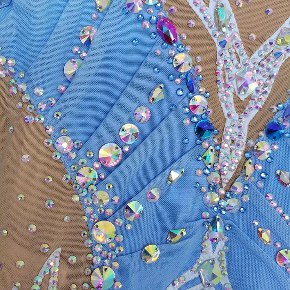 LIUHUO Maillot de gimnasia rítmica azul claro manga larga con diamantes rendimiento de competición