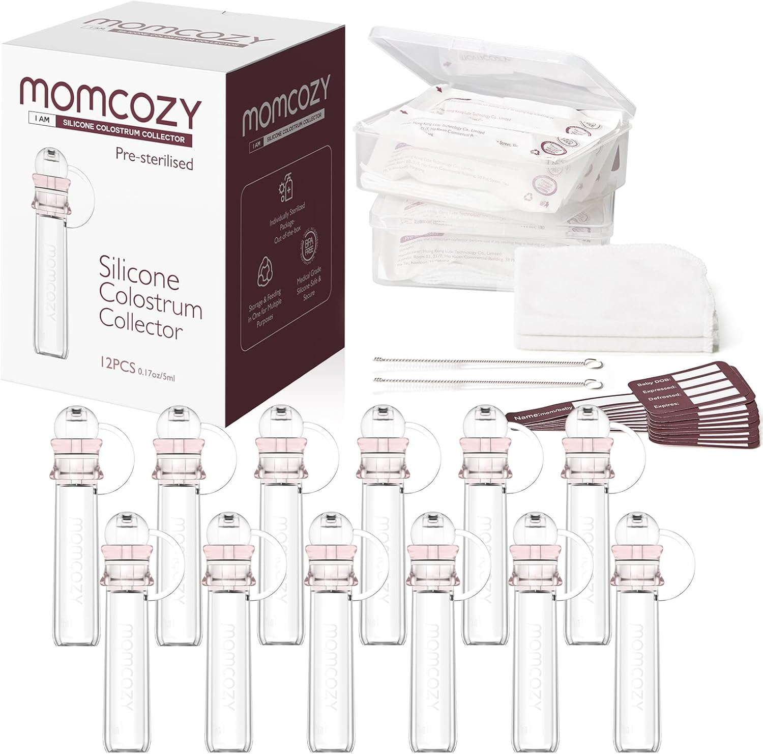 Momcozy Colostrum Collector Reusable Breast Milk Collector with Storage Case and Cotton Wipe, Portable Colostrum Container BPA Free, Multi-Use Collector 5ml-12pcs