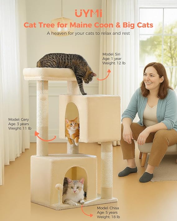 XL Cat Tree 44 Cat Tower for Large Cats 20 lbs+, 2 Spacious Caves with 3.4 Thickened Scratching Post, Large Top Perch, 2 Interactive Toys, Beige