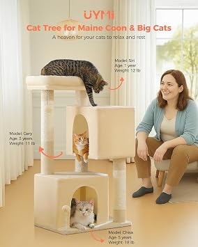 XL Cat Tree 44 Cat Tower for Large Cats 20 lbs+, 2 Spacious Caves with 3.4 Thickened Scratching Post, Large Top Perch, 2 Interactive Toys, Beige
