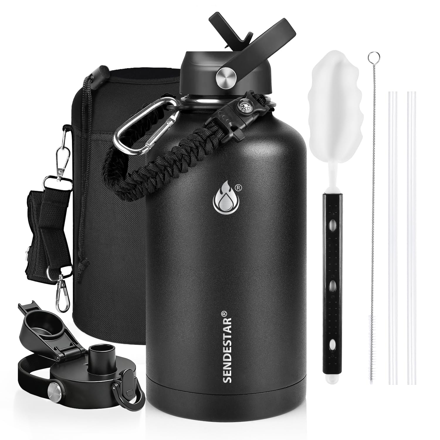 one gallon insulated water bottle, triple wall 128 oz stainless steel wide mouth water bottles (cold for 48 hrs), leak proof, non-bpa, large water flask jug with paracord handle & straw spout lids