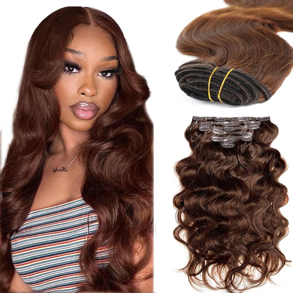 Photo 1 of #4 Brown Clip in Human Hair Extensions 28 Inch Chocolate Brown Body Wave Clip in Seamless Extensions Human Hair Skin Weft Seamless Invisible Unprocessed Brazilian Virgin Remy Hair 120g
