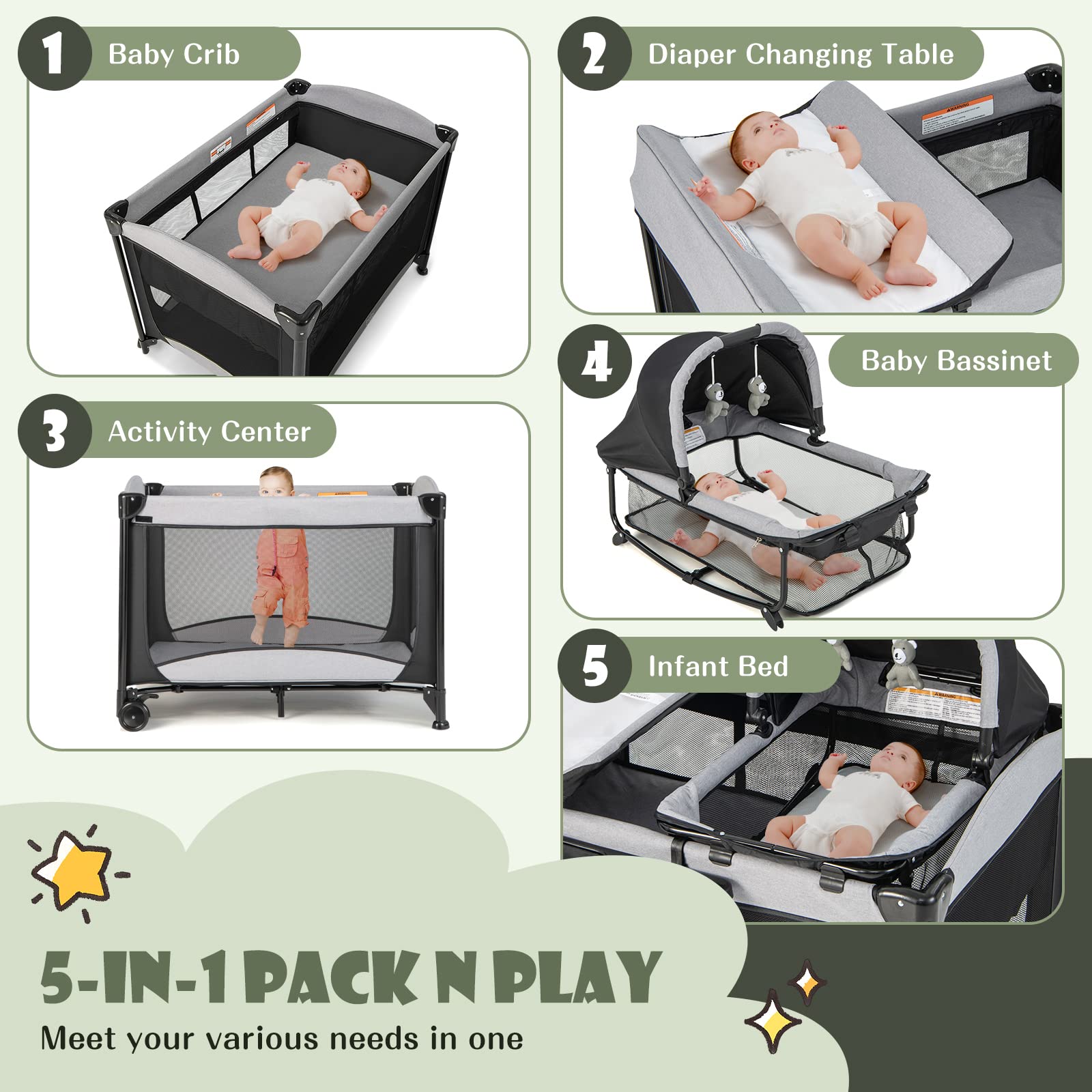 DREAMADE 5 en 1 Lit Parapluie Bébé 110x78x78CM avec Matelas&Berceau Amovible Lit de Voyage Bébé 0-3 Ans avec Porte-Couche,Table à Langer,roulettes avec Freins (Nior1)