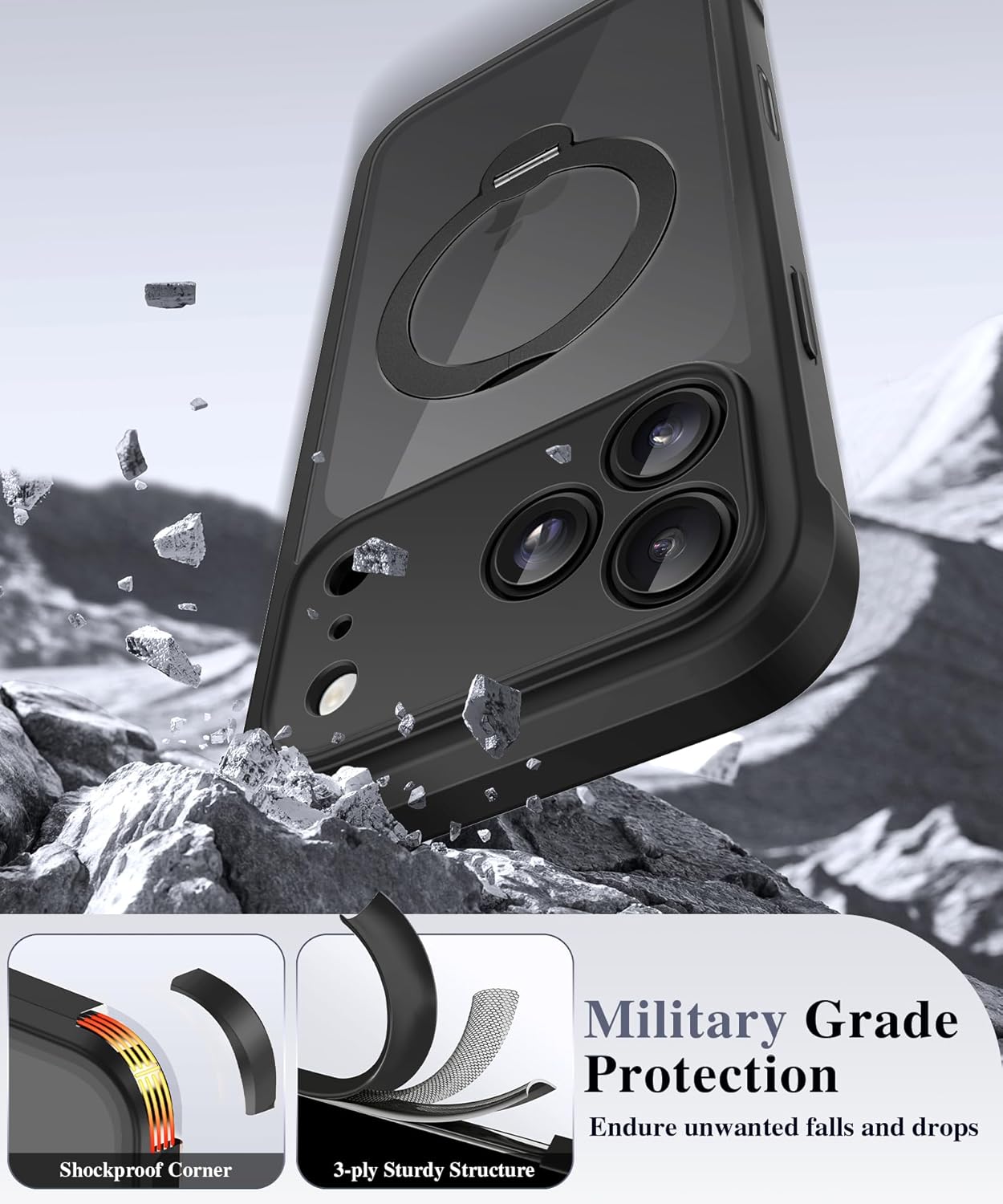 BERFY for iPhone 17 Pro Max Case, Compatible with MagSafe, Built in Privacy Screen Protector, Shockproof Full Body Phone Case for 17 Pro Max with Magnetic Stand, Clear Black