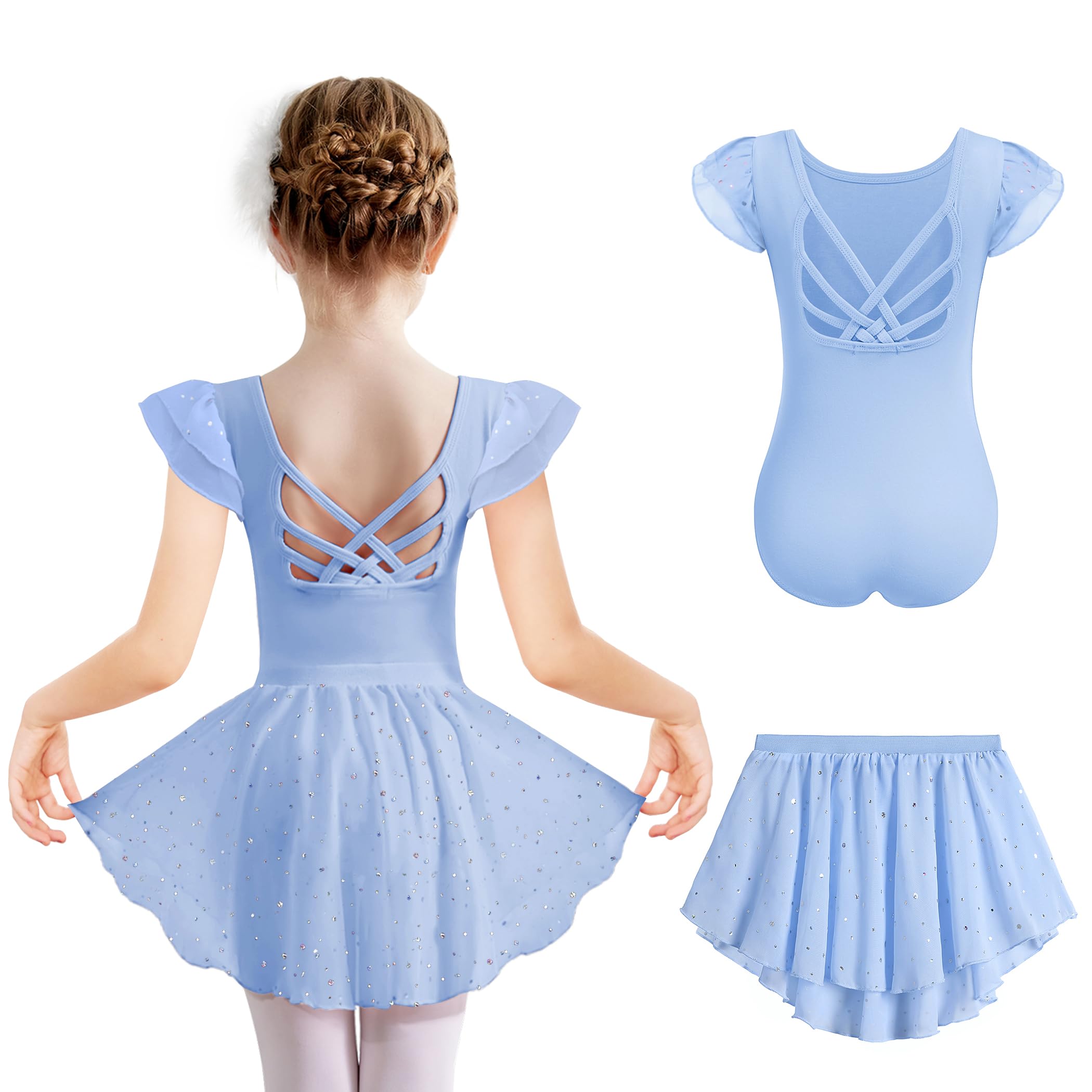 Arshiner Ragazze Balletto Abbigliamento 2-9 Anni Manica Corta Vestito Balletto Body Danza Cotone Senza Schienale Bambini Glitter Tuta Due Pezzi Body Danza con Gonna Tutu
