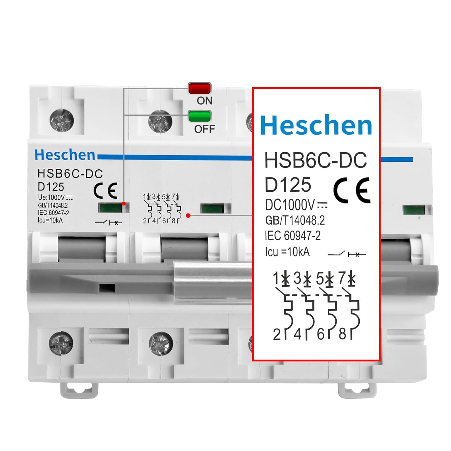 Heschen DC Miniature Circuit Breaker, HSB6C-DC, 4 Poles, DC1000V 125A, Photovoltaic Circuit Breaker, for Solar PV System Solar Panels Grid System, 35mm DIN Rail Mounting