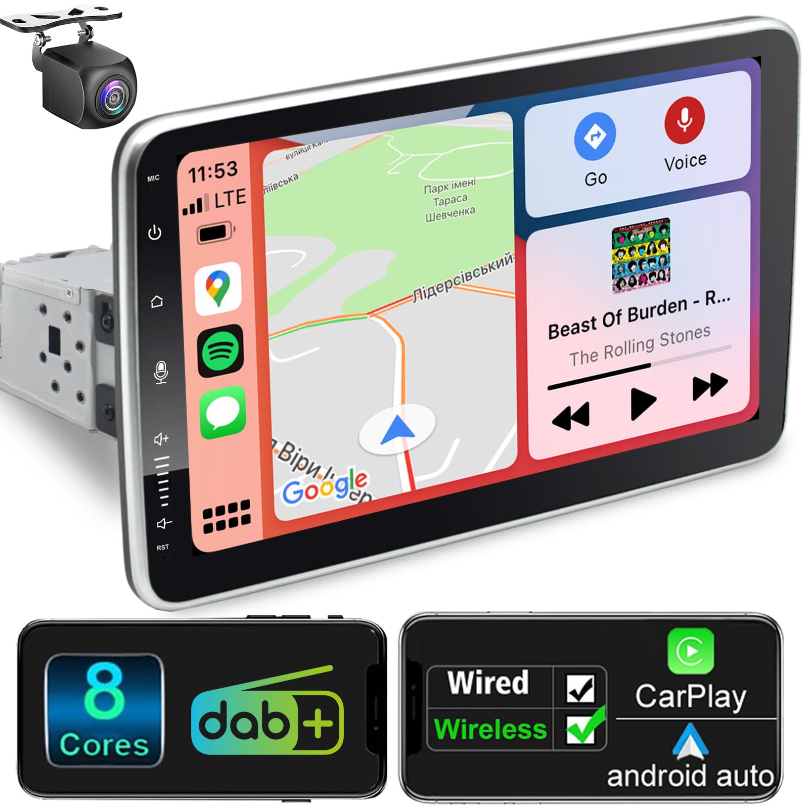 Android Autoradio mit Navi 10 Zoll Bildschirm Eingebaut DAB+ Wireless CarPlay & Wireless Android Auto 1 Din Auto Radio Touch Display mit Bluetooth 8 Core 2+32G 4G WiFi GPS AM/FM RDS Rückfahrkamera…