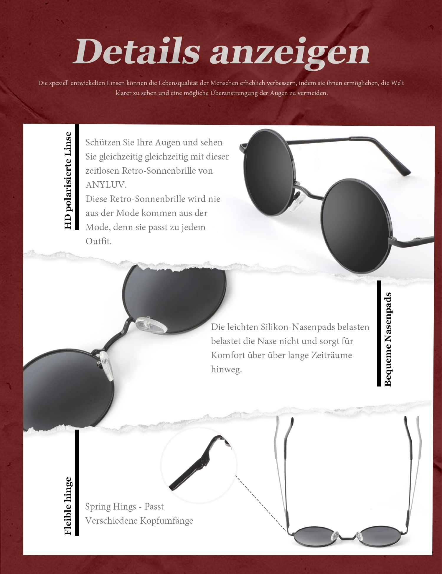 ANYLUV Sonnenbrille Herren Polarisiert, Runde Sonnenbrille Herren Damen Klassische mit UV-Schutz