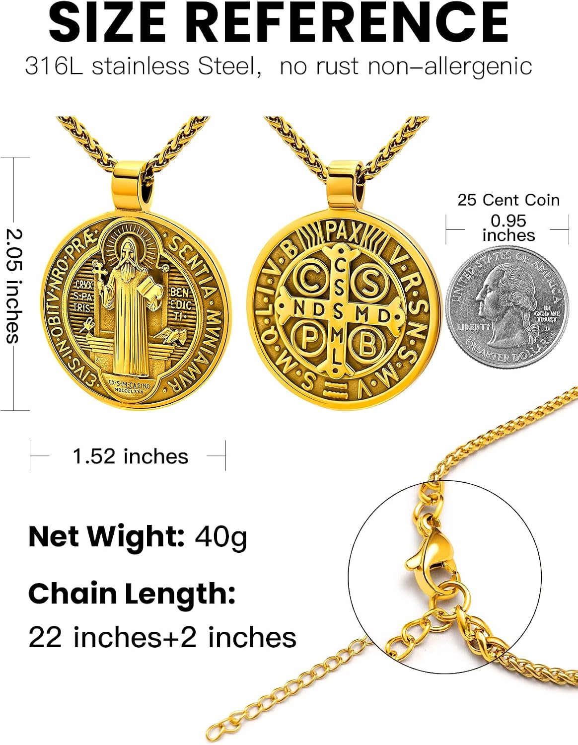 St Benedict Necklace for Men Women, 18K Gold Plated/Black Metal/Stainless Steel Saint Benedict Medal Cross Pendant Religious Catholic Amulet with Gift Box, Diameter 2/3/4CM Option
