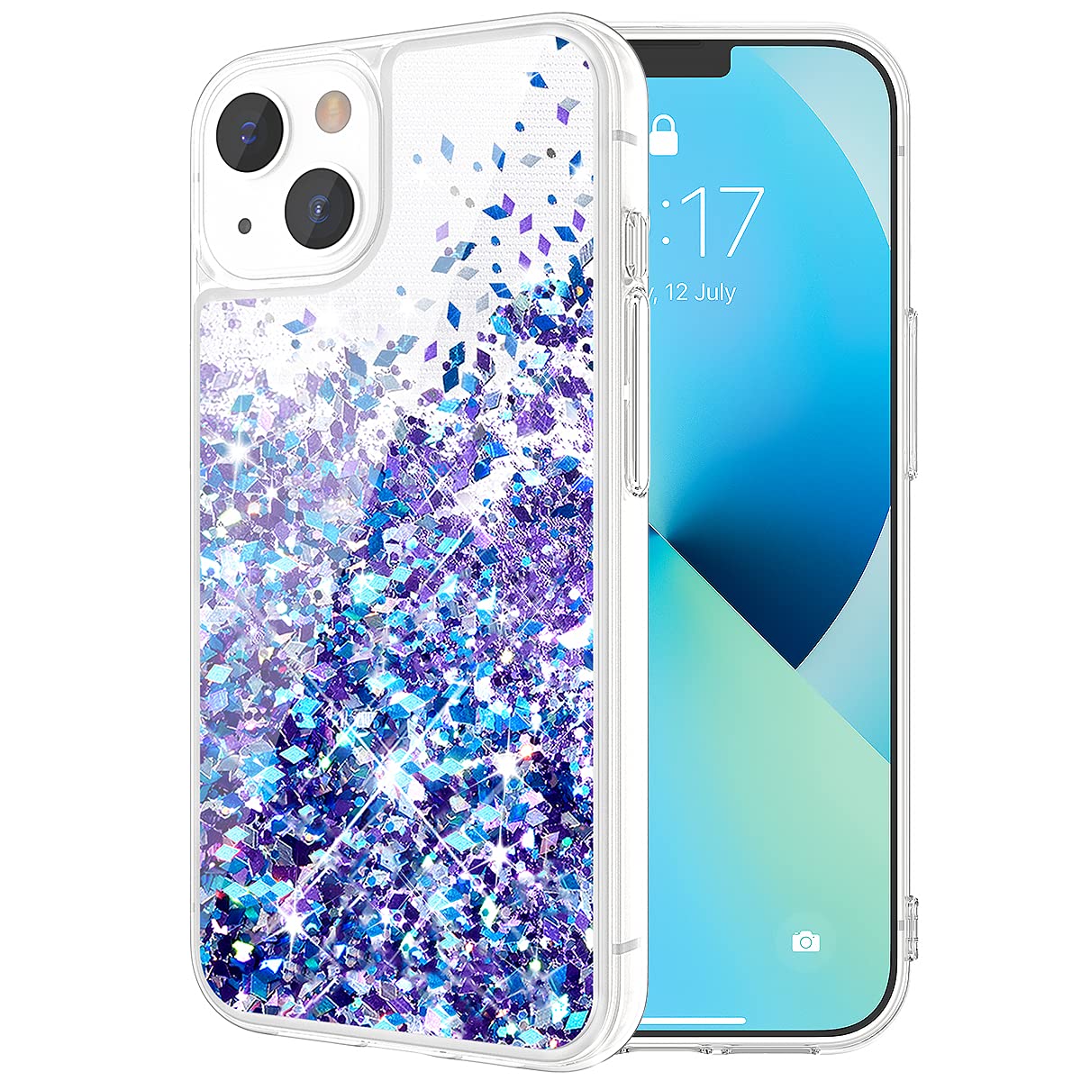Caka for iPhone 13 Case, iPhone 14 Case Glitter with Screen Protector for Women Girls Liquid Bling Sparkle Floating Quicksand Transparent TPU Phone Case for iPhone 13 14 - Blue Purple