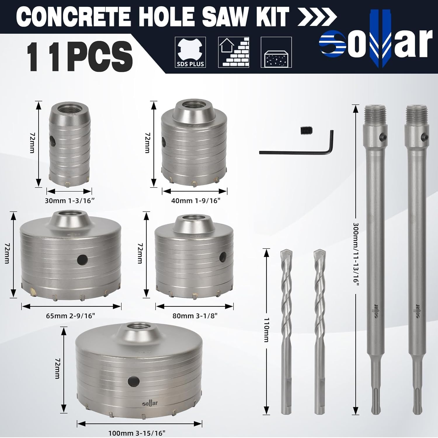 Sollar 11PCS Concrete Hole Saw Kit with 300mm SDS Plus & MAX Shank and 2 Drill Bits,YG9 Tungsten Carbide Tip and Harden High Carbon Steel Body Plus for Concrete Stone Wall,Kit Size 30 40 65 80 100mm