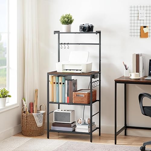 Miniatura 5 de Estante para panaderos con toma de corriente, estante de almacenamiento de cocina con 6 ganchos, soporte para microondas con almacenamiento,