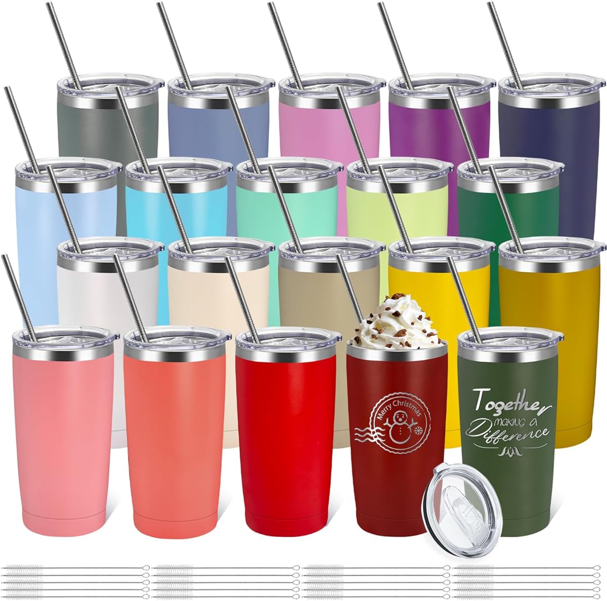 20 Pack Stainless Steel Tumbler Bulk 20oz Insulated Vacuum Travel Mug Powder Coated Coffee Mug Gift for Laser Engrave, Assorted Colors