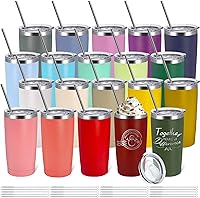 YOUKEOLA 20 Pack 20oz Stainless Steel Insulated Tumblers Bulk Powder Coated Travel Mugs with Lids & Straws - Laser Engrave Ready, Assorted Colors