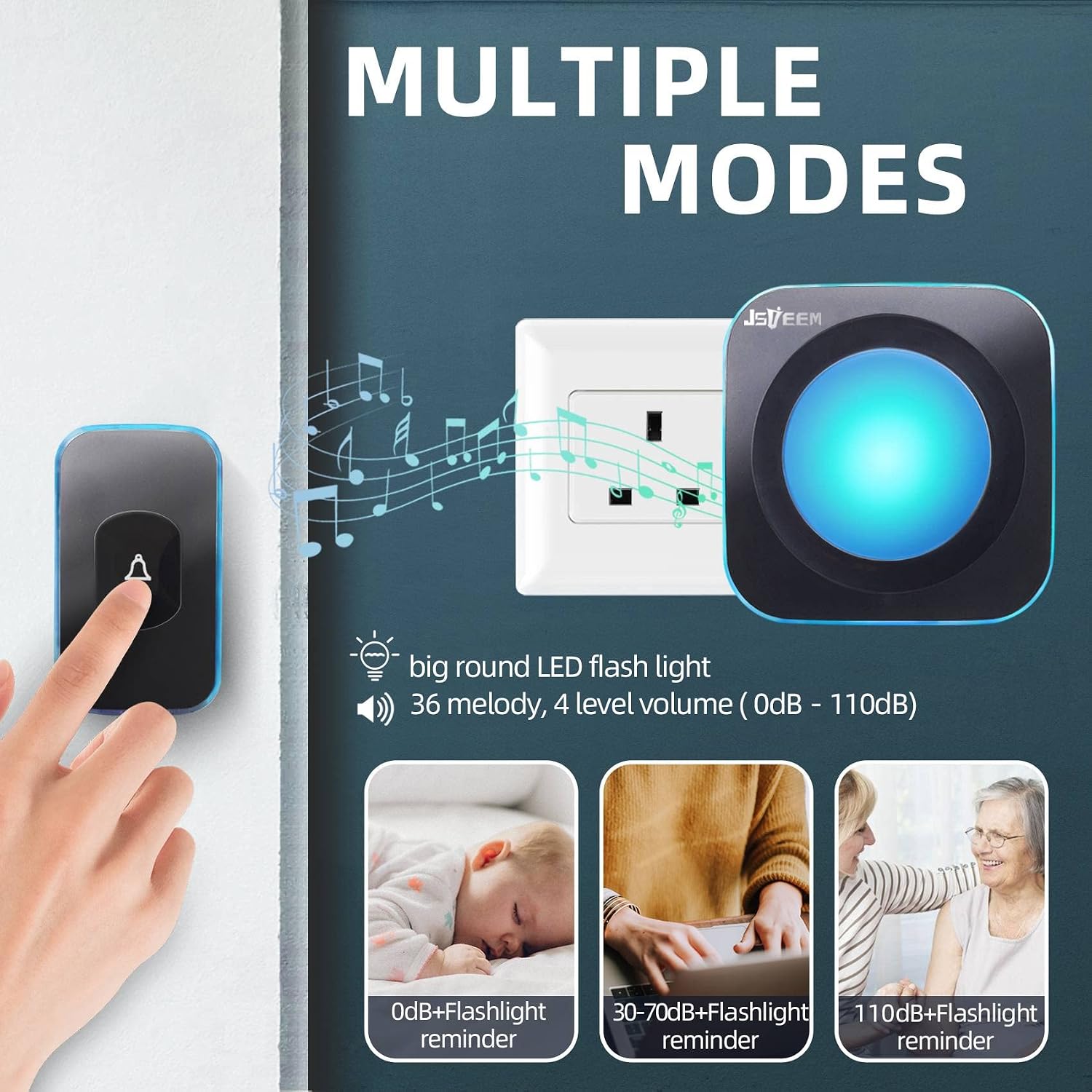 Wireless Doorbell Plug in Door Chimes & Wireless Doorbell Plug in Door Chimes & Bells 1200 feet Range with Flashing Light 4 Level Volume 36 Chimes Jsieem (1 Button & 2 Receivers Black) - Image 4
