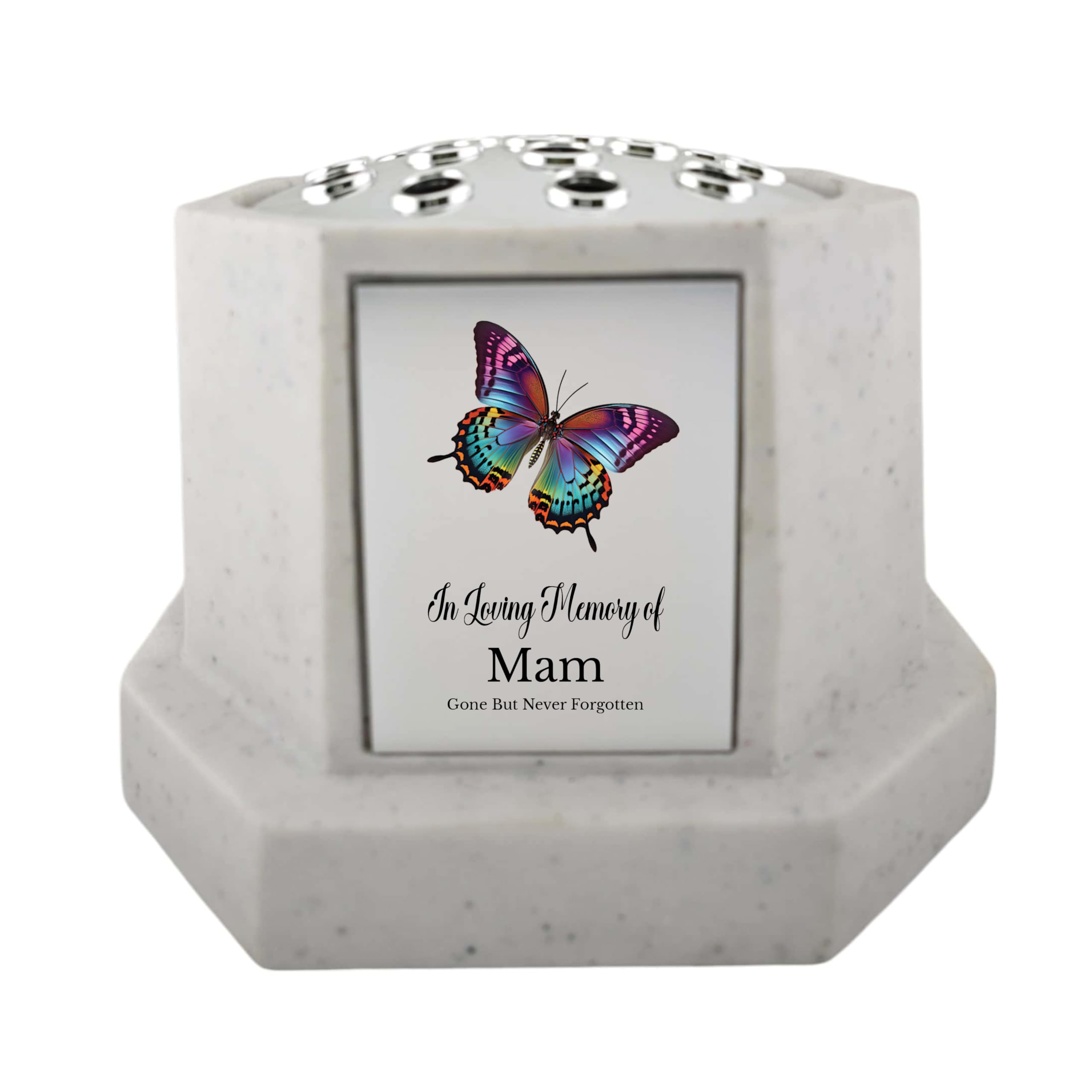 1Stclassgifts White In Loving Memory Of Memorial Octagon Rose Bowl Grave Marker Flower Pot Vase With Butterfly Design Mum & Lots More /Silver (Uv Printed) (Mam)