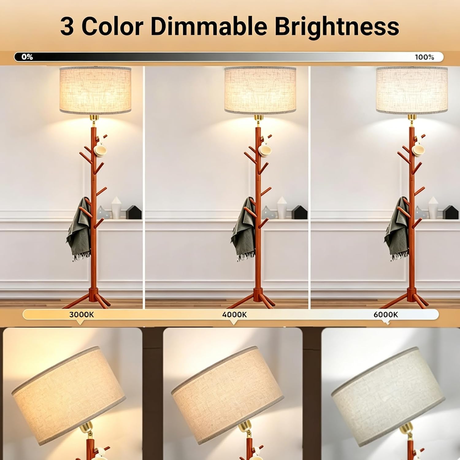 Floor Lamp with Coat Rack, 2-in-1 Entryway Tall Lamp 3 Color Dimmable 78.8" Standing Lamps with 8 Hooks for Living Room Corner, Bedroom, Small Apartments & Foyers