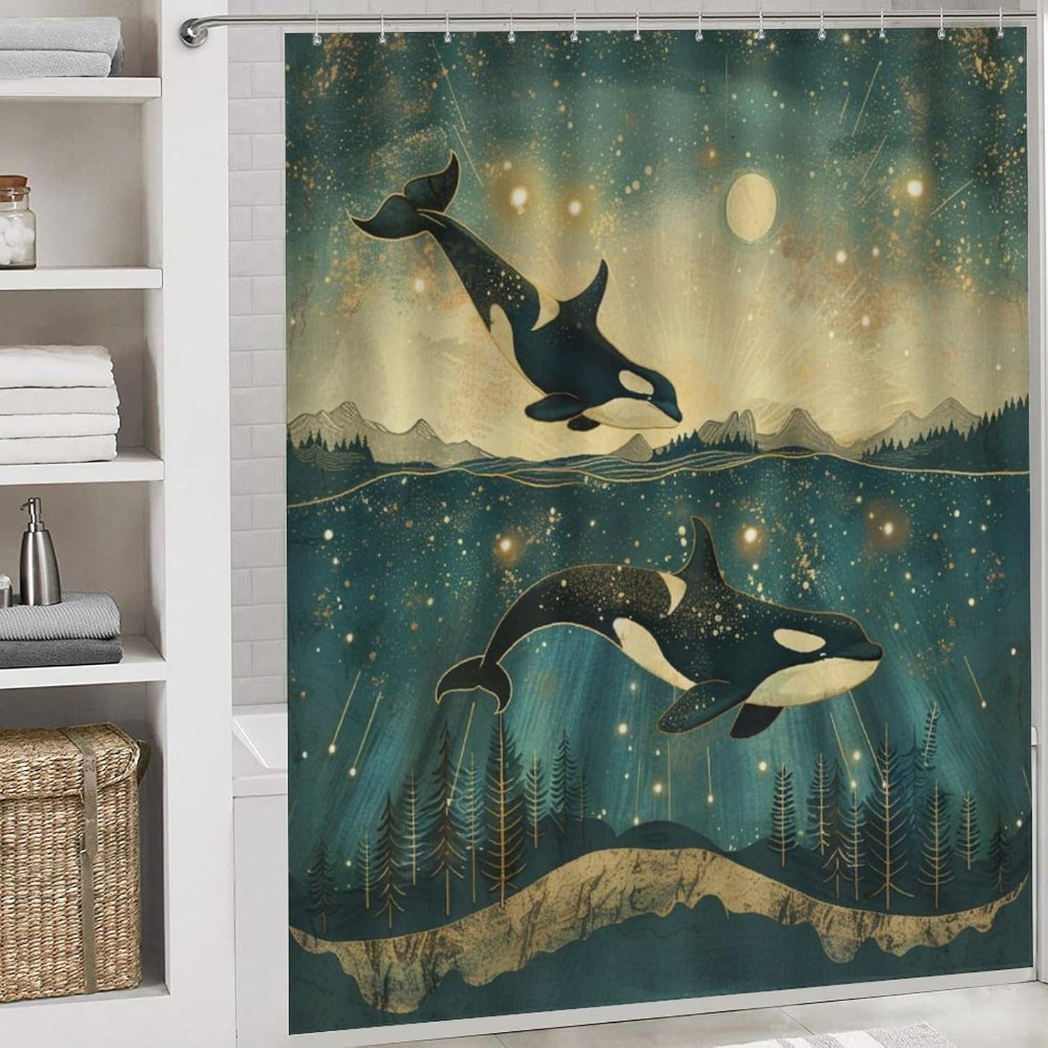 4Pcs Underwater Orcas Whale Shower Curtain, Starry Sky Star Moon Shower Curtain Sets with Toilet Lid Cover, U-Shaped Mat and Non-Slip Rugs, Bathroom Decor Set, 72" x 72"