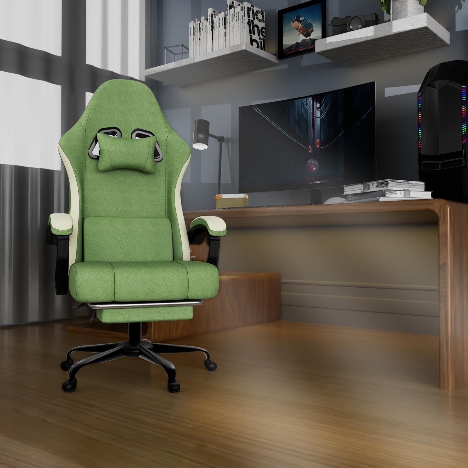 Sedia da Gaming Ergonomica con Molle Insacchettate e Poggiapiedi, Sedia Gamer con Supporto Lombare Regolabile, Sedie da Ufficio Schienale Regolabile 90-135°, Portata 150 Kg (Verde lime)