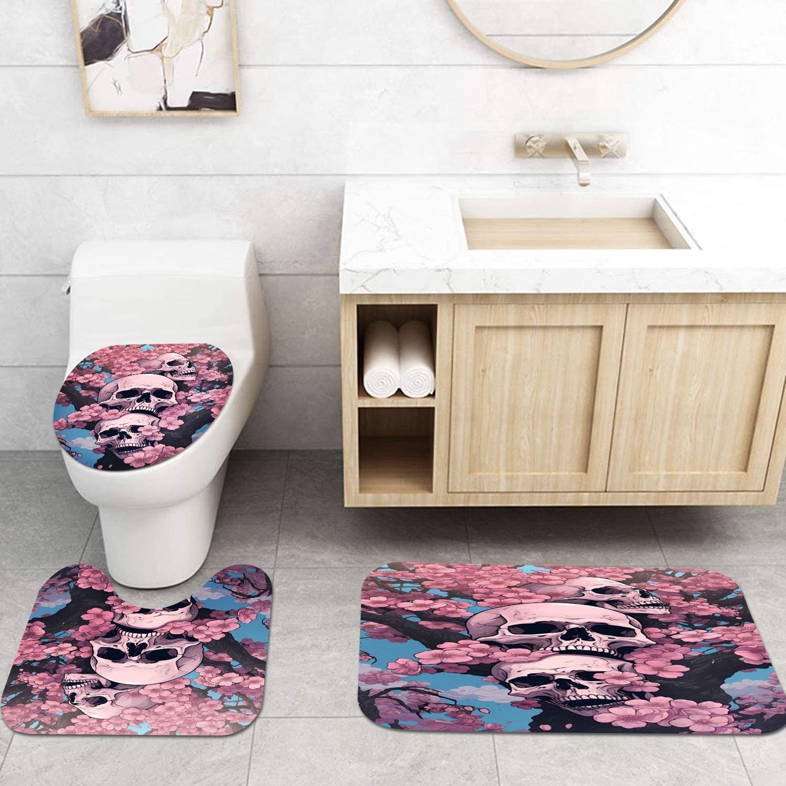 Lot de 4 rideaux de douche motif tête de mort - 180 x 200 cm - 180 x 180 cm - Motif tête de mort - En polyester imperméable - 3D - Tapis de salle de bain (180 x 180 cm, 3)