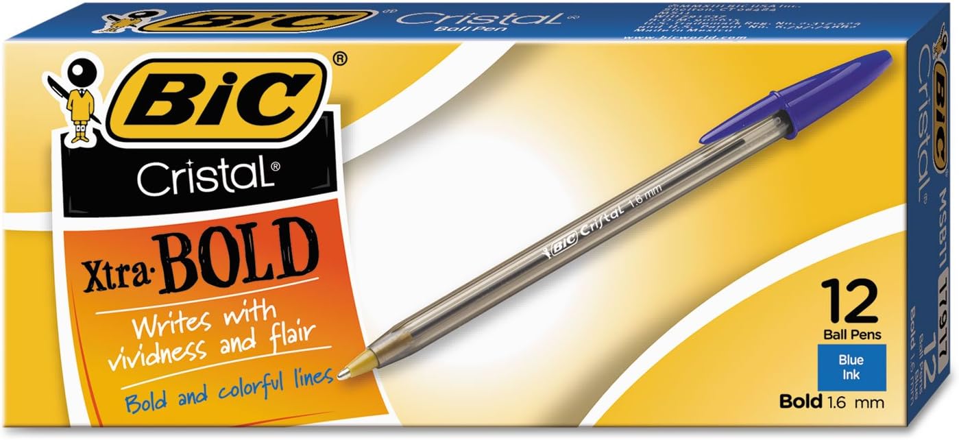 BIC MSB11BE Cristal Xtra Bold Ballpoint Stick Pen, Blue Ink, 1.6mm, Bold, Dozen