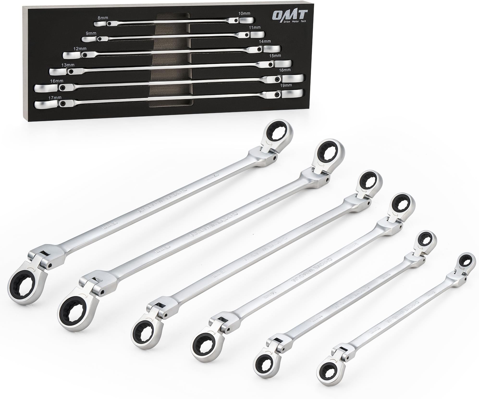 Orion Motor Tech OMT 6-Piece Metric 8mm - 19mm Extra Long Gear Ratcheting Wrench Set XL Extended Handle with Flex Head, 8mm 9mm 10mm 11mm 12mm 13mm 14mm 15mm 16mm 17mm 18mm 19mm - 6pcs & 12 Sizes