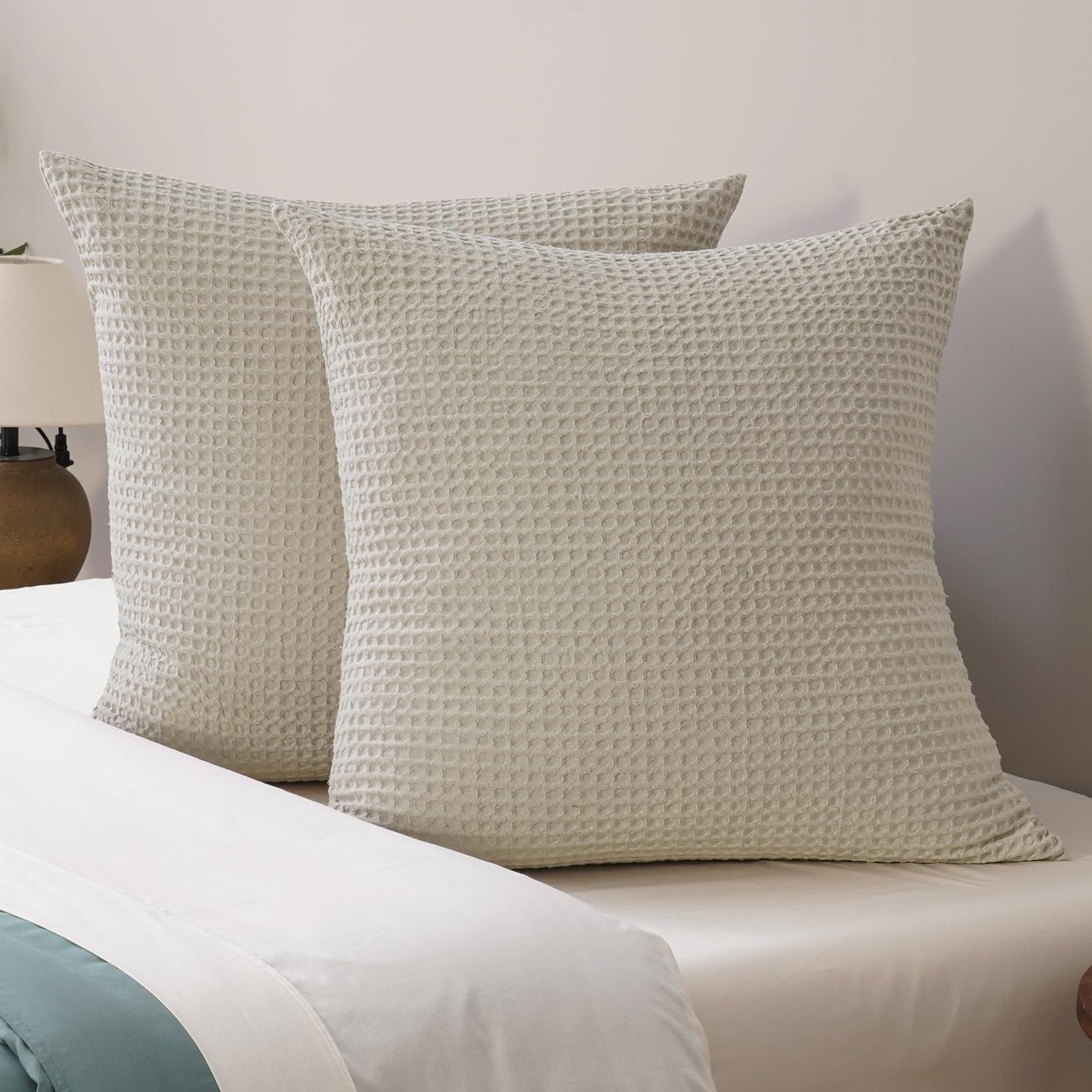 phf ultra soft waffle weave euro shams pillow covers, no filling, 2 pack 26" x 26" bed cushion covers, breathable & skin-friendly bed pillow shams for stylish home decor, light khaki/linen