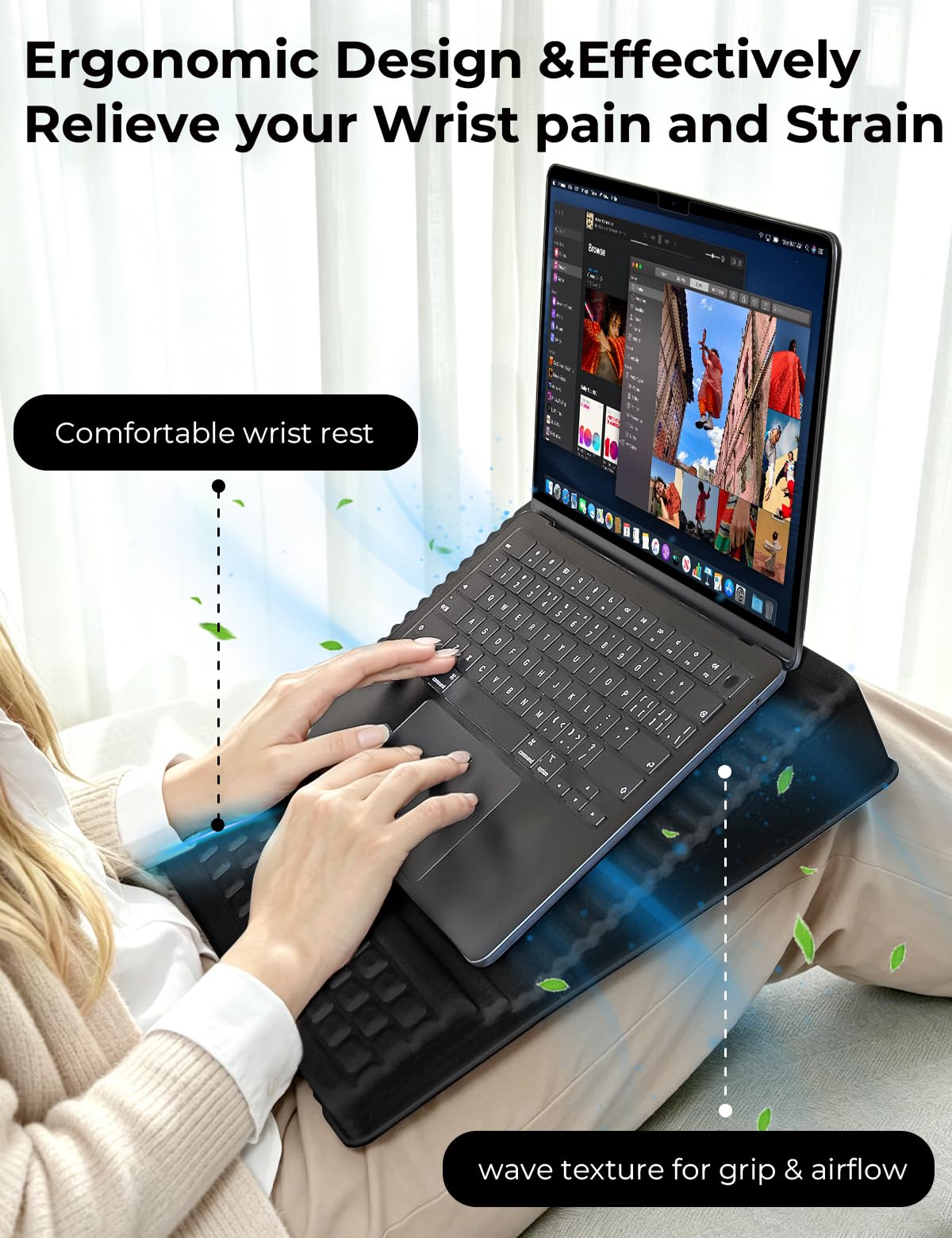 Scrivania per laptop, supporto reversibile per laptop con superficie di raffreddamento, poggiapolsi morbido, vassoio portatile leggero, scrivania regolabile per casa e ufficio, adatta a